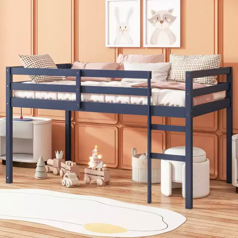 Lit mezzanine simple en bois d'hévéa massif avec échelle, plateforme de lit à lattes renforcées, bleu