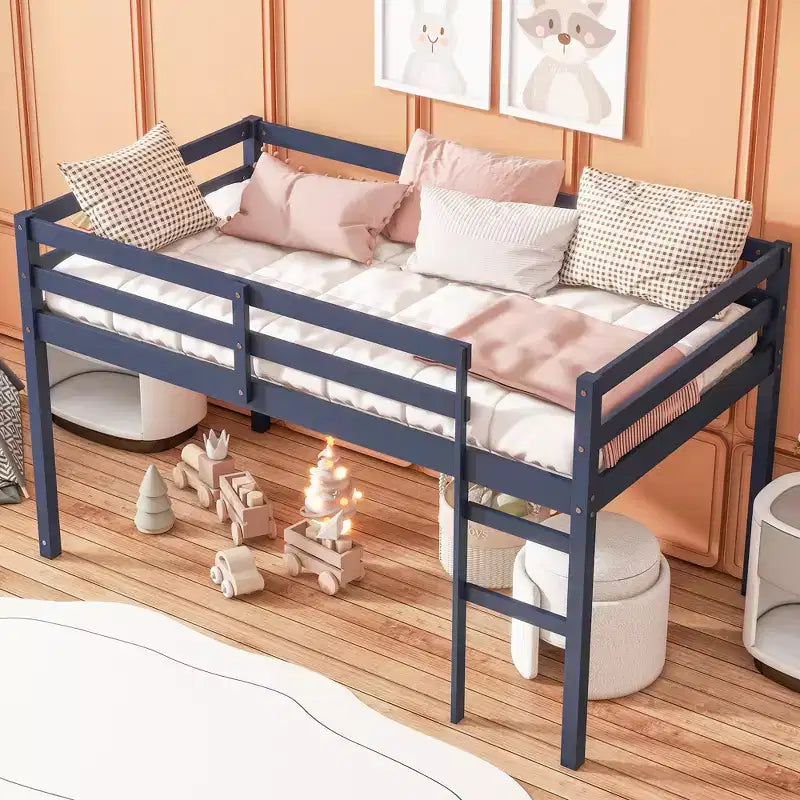 Lit mezzanine simple en bois d'hévéa massif avec échelle, plateforme de lit à lattes renforcées, bleu
