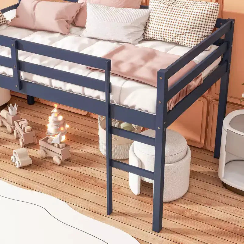 Lit mezzanine simple en bois d'hévéa massif avec échelle, plateforme de lit à lattes renforcées, bleu