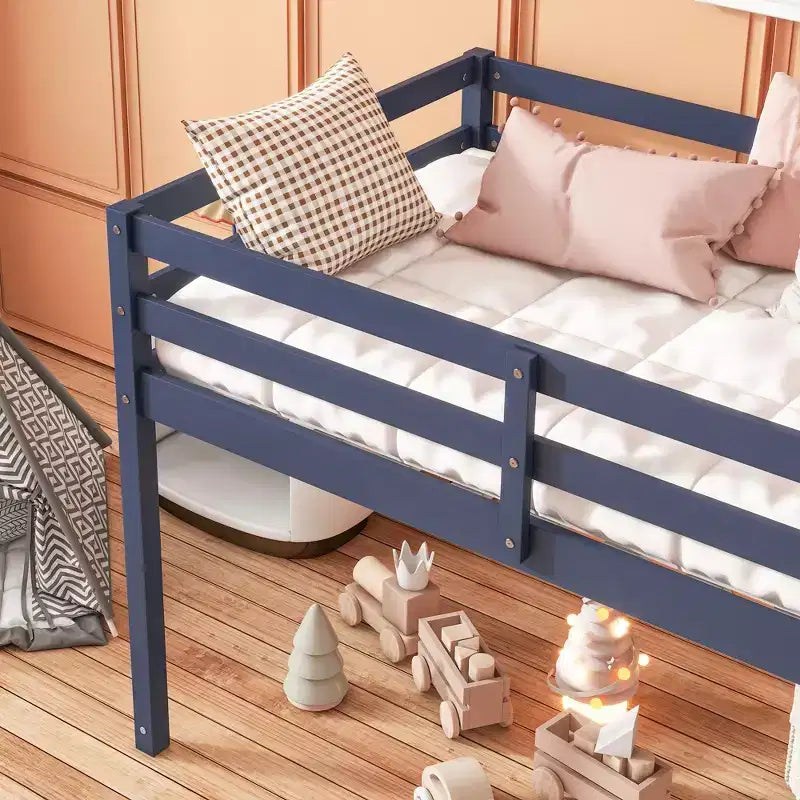 Lit mezzanine simple en bois d'hévéa massif avec échelle, plateforme de lit à lattes renforcées, bleu