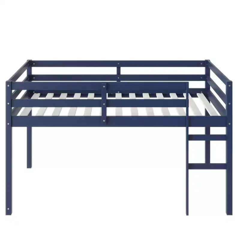 Lit mezzanine simple en bois d'hévéa massif avec échelle, plateforme de lit à lattes renforcées, bleu