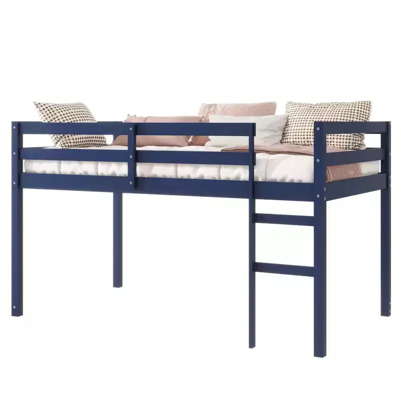 Lit mezzanine simple en bois d'hévéa massif avec échelle, plateforme de lit à lattes renforcées, bleu