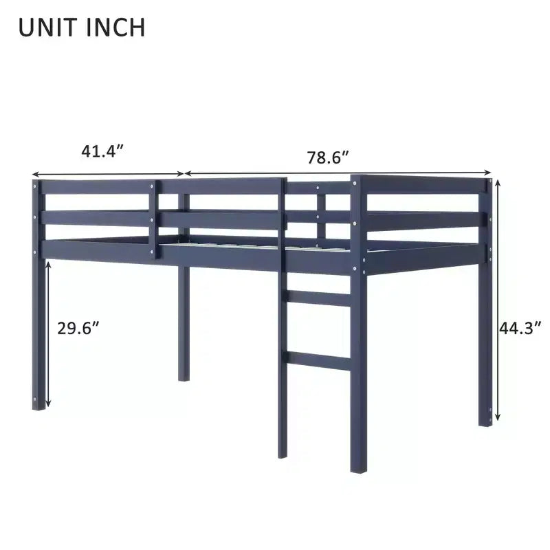 Lit mezzanine simple en bois d'hévéa massif avec échelle, plateforme de lit à lattes renforcées, bleu