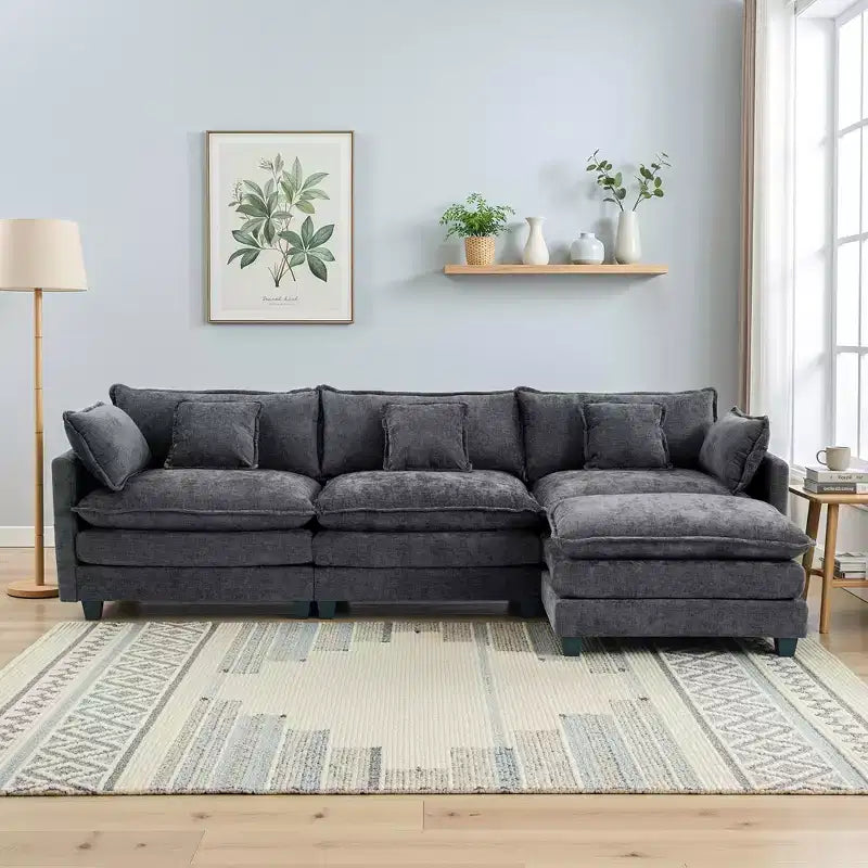 Canapé modulable 3 places Chenille - convertible avec pouf et poches latérales