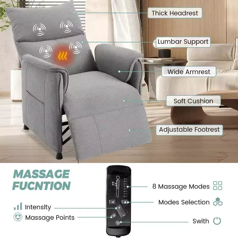 Fauteuil inclinable de massage, canapé inclinable simple réglable, adapté au home cinéma, au salon/bureau (tissu, gris)