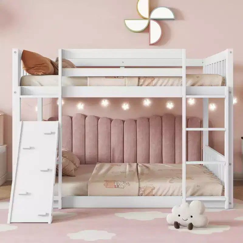 MAYEERTY Twin Over Twin Floor Bunk Bed Playhouse Floor Bunk Bed with Climbing Ramp Ladder Safety Guardrails White