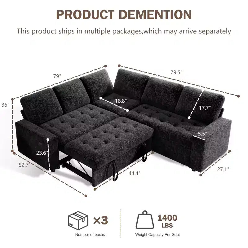 Canapé d'angle modulable 5 places en forme de L avec lit gigogne, ports USB, dossier réglable et rangement, assemblage sans outils