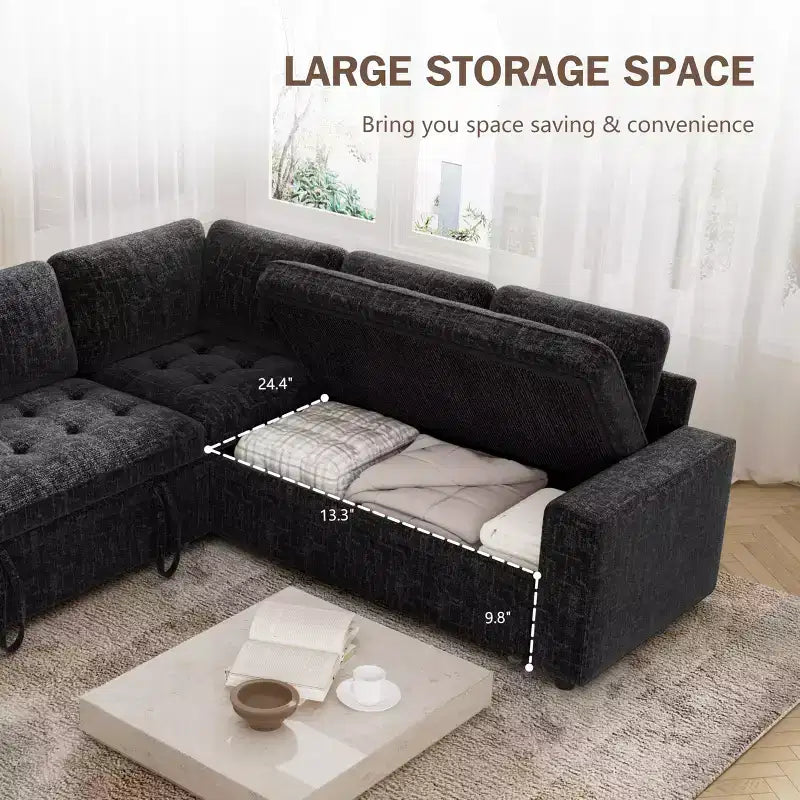 Canapé d'angle modulable 5 places en forme de L avec lit gigogne, ports USB, dossier réglable et rangement, assemblage sans outils