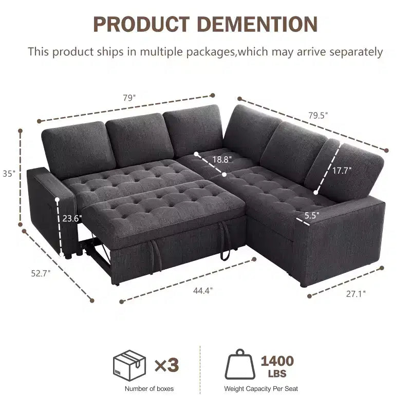 Canapé d'angle modulable 5 places en forme de L avec lit gigogne, ports USB, dossier réglable et rangement, assemblage sans outils