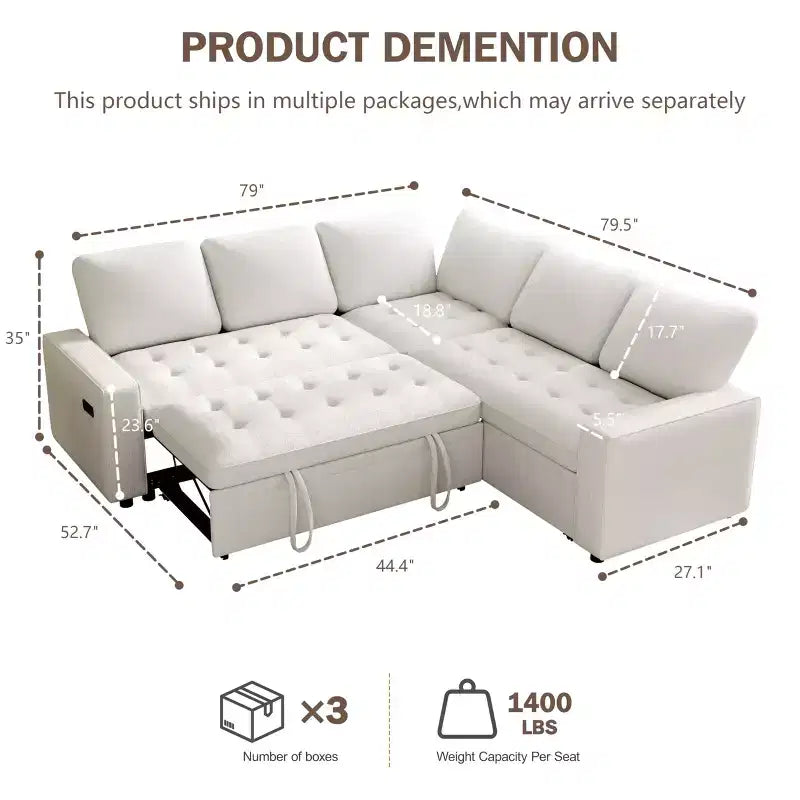 Canapé d'angle modulable 5 places en forme de L avec lit gigogne, ports USB, dossier réglable et rangement, assemblage sans outils