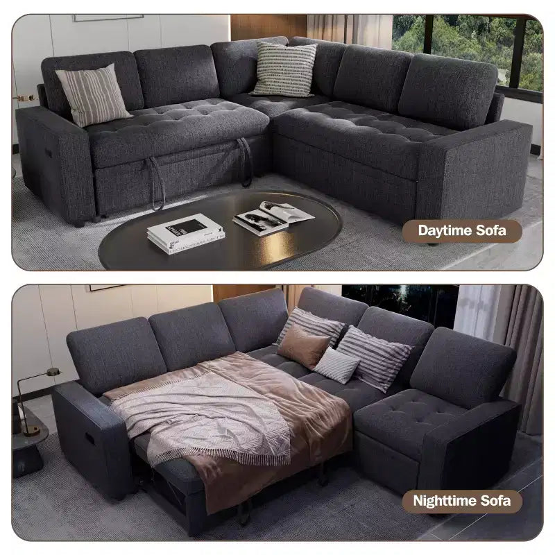 Canapé d'angle modulable 5 places en forme de L avec lit gigogne, ports USB, dossier réglable et rangement, assemblage sans outils