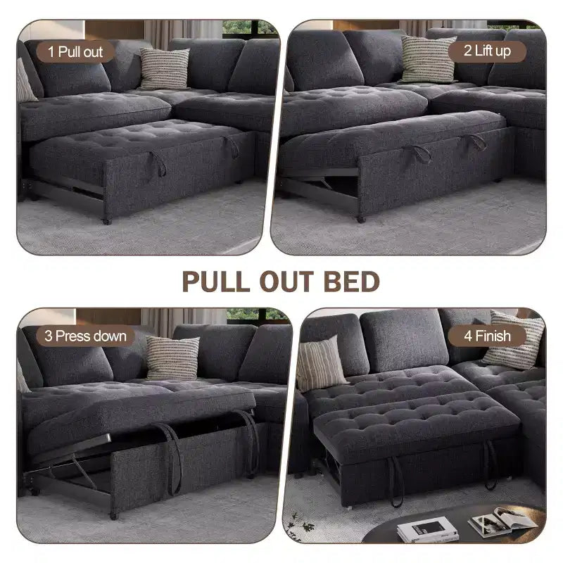 Canapé d'angle modulable 5 places en forme de L avec lit gigogne, ports USB, dossier réglable et rangement, assemblage sans outils