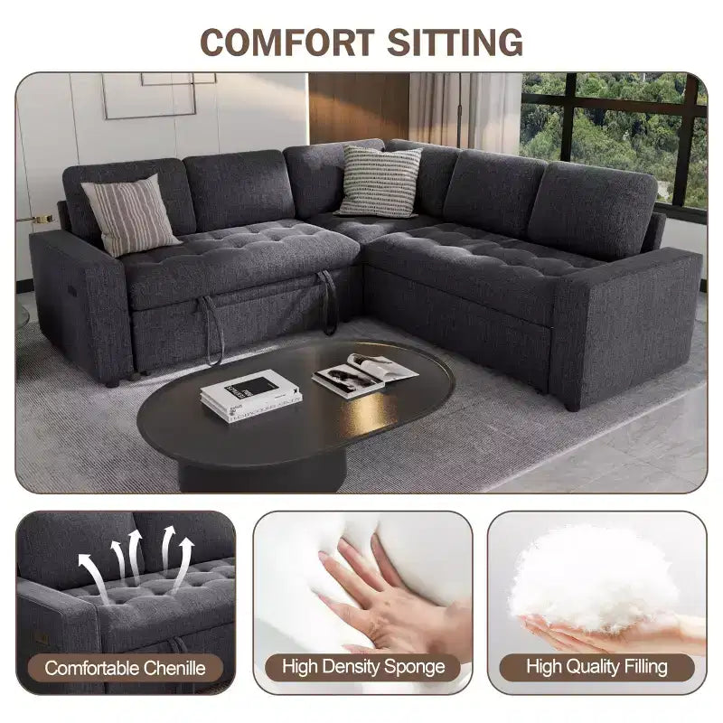 Canapé d'angle modulable 5 places en forme de L avec lit gigogne, ports USB, dossier réglable et rangement, assemblage sans outils