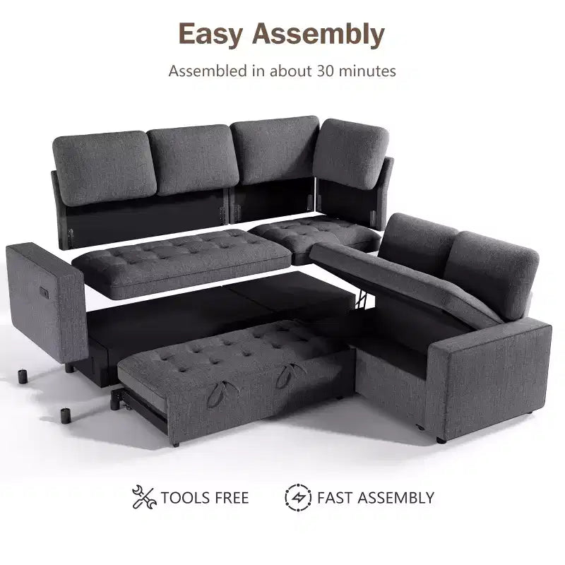 Canapé d'angle modulable 5 places en forme de L avec lit gigogne, ports USB, dossier réglable et rangement, assemblage sans outils