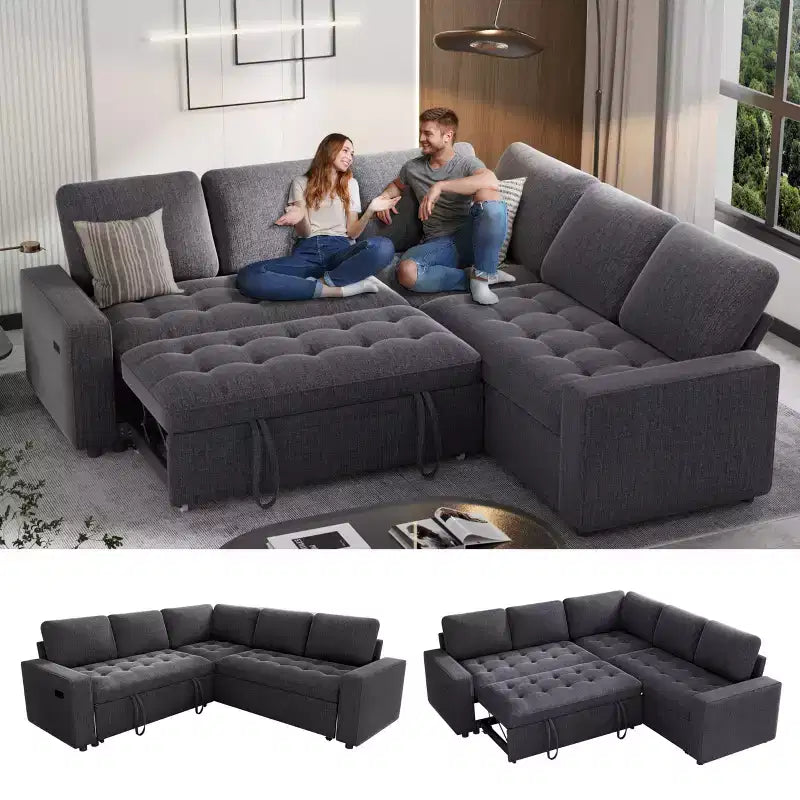 Canapé d'angle modulable 5 places en forme de L avec lit gigogne, ports USB, dossier réglable et rangement, assemblage sans outils