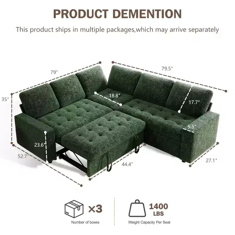 Canapé d'angle modulable 5 places en forme de L avec lit gigogne, ports USB, dossier réglable et rangement, assemblage sans outils