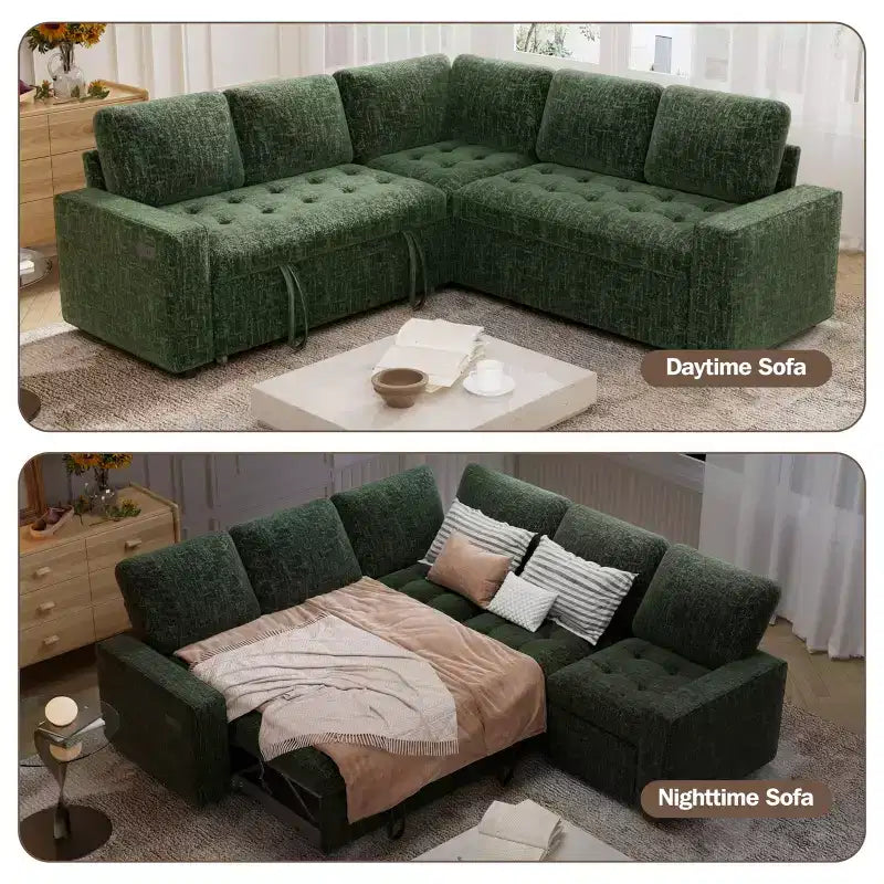 Canapé d'angle modulable 5 places en forme de L avec lit gigogne, ports USB, dossier réglable et rangement, assemblage sans outils