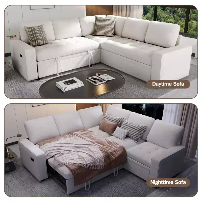 Canapé d'angle modulable 5 places en forme de L avec lit gigogne, ports USB, dossier réglable et rangement, assemblage sans outils