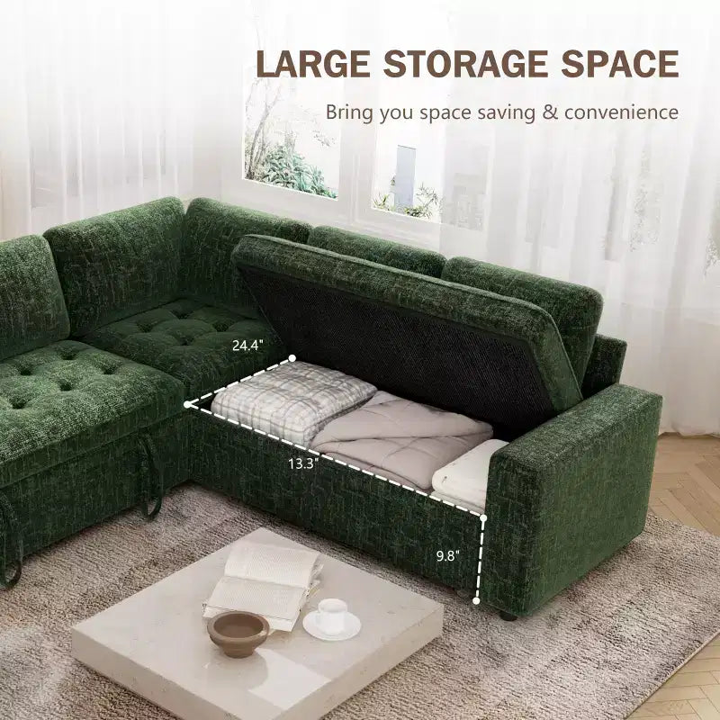 Canapé d'angle modulable 5 places en forme de L avec lit gigogne, ports USB, dossier réglable et rangement, assemblage sans outils