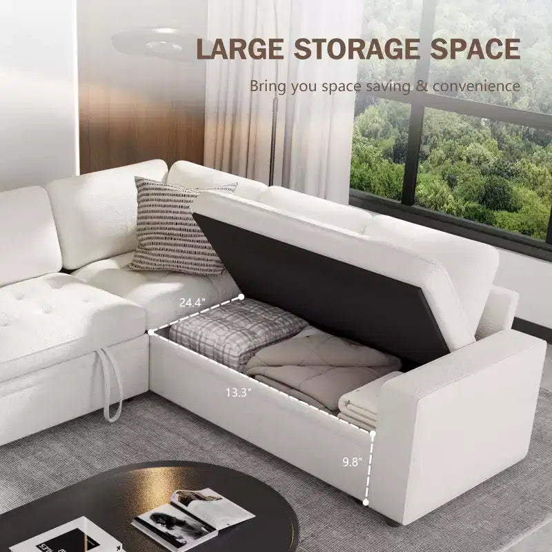 Canapé d'angle modulable 5 places en forme de L avec lit gigogne, ports USB, dossier réglable et rangement, assemblage sans outils