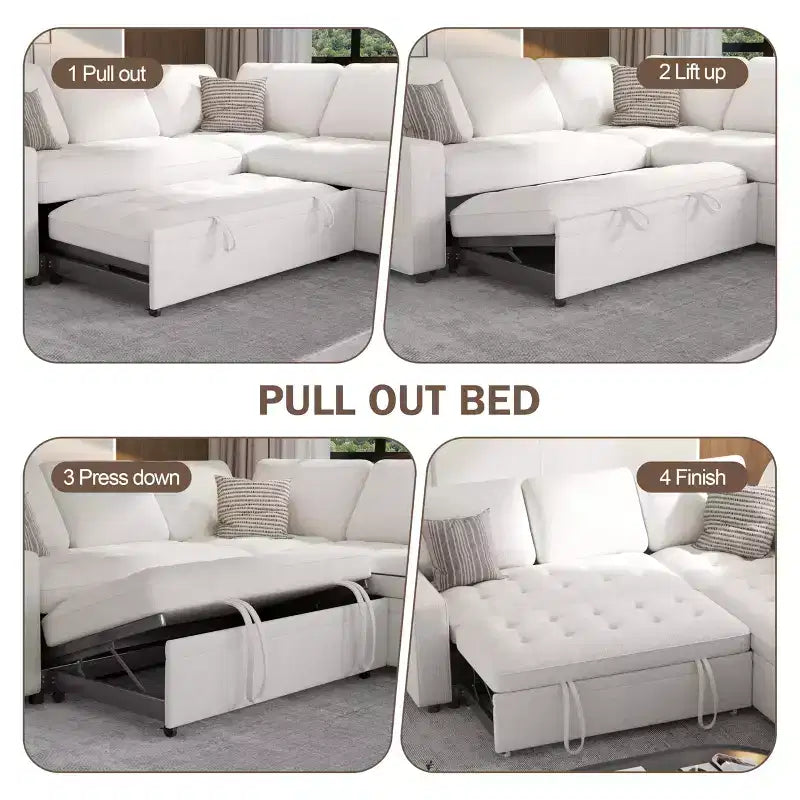 Canapé d'angle modulable 5 places en forme de L avec lit gigogne, ports USB, dossier réglable et rangement, assemblage sans outils