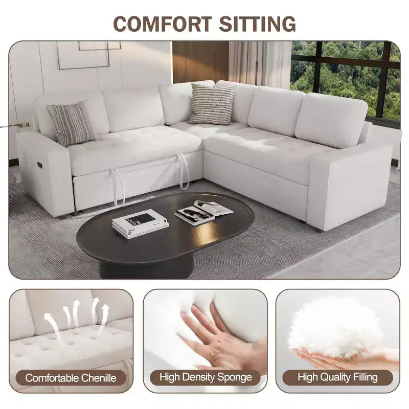 Canapé d'angle modulable 5 places en forme de L avec lit gigogne, ports USB, dossier réglable et rangement, assemblage sans outils