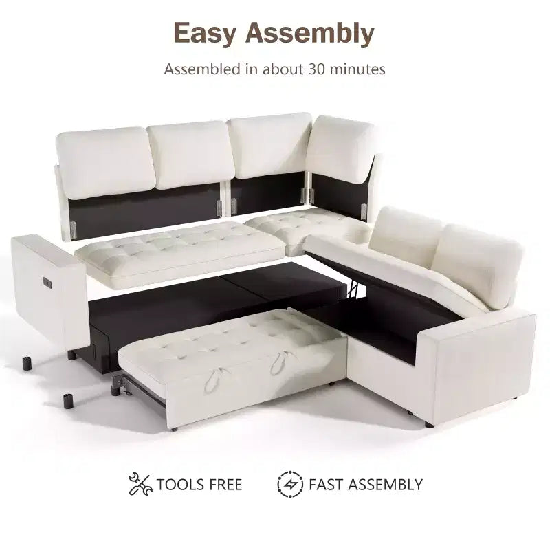 Canapé d'angle modulable 5 places en forme de L avec lit gigogne, ports USB, dossier réglable et rangement, assemblage sans outils