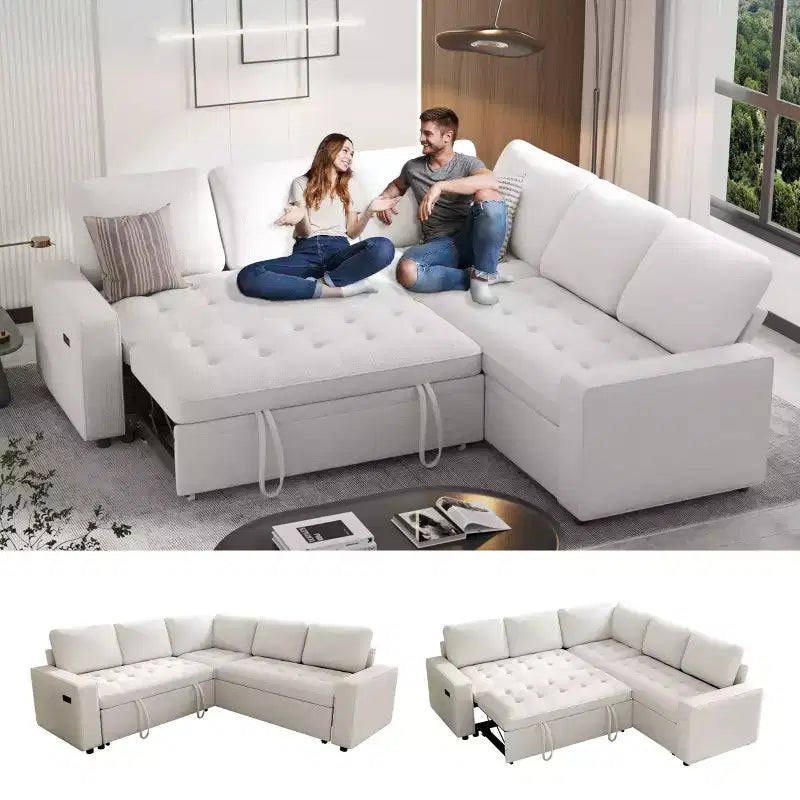 Canapé d'angle modulable 5 places en forme de L avec lit gigogne, ports USB, dossier réglable et rangement, assemblage sans outils