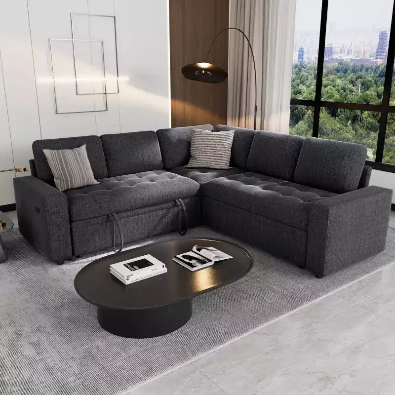 Canapé d'angle modulable 5 places en forme de L avec lit gigogne, ports USB, dossier réglable et rangement, assemblage sans outils