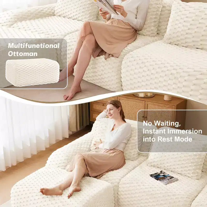 Canapé sectionnel modulaire 82 en flanelle 2 places, assise profonde, boucle, aucun assemblage requis, crème