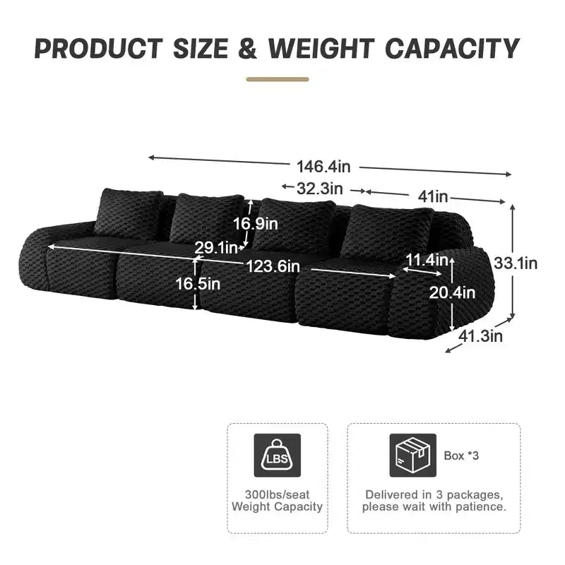 146 Canapé modulable en flanelle 4 places avec assise profonde, boucle, aucun assemblage requis, noir