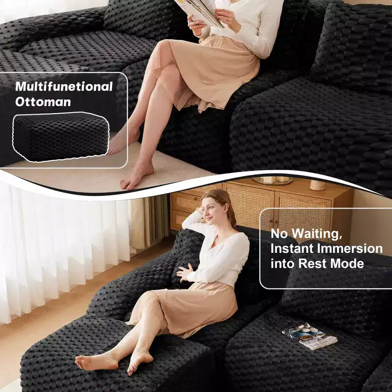 146 Canapé modulable en flanelle 4 places avec assise profonde, boucle, aucun assemblage requis, noir