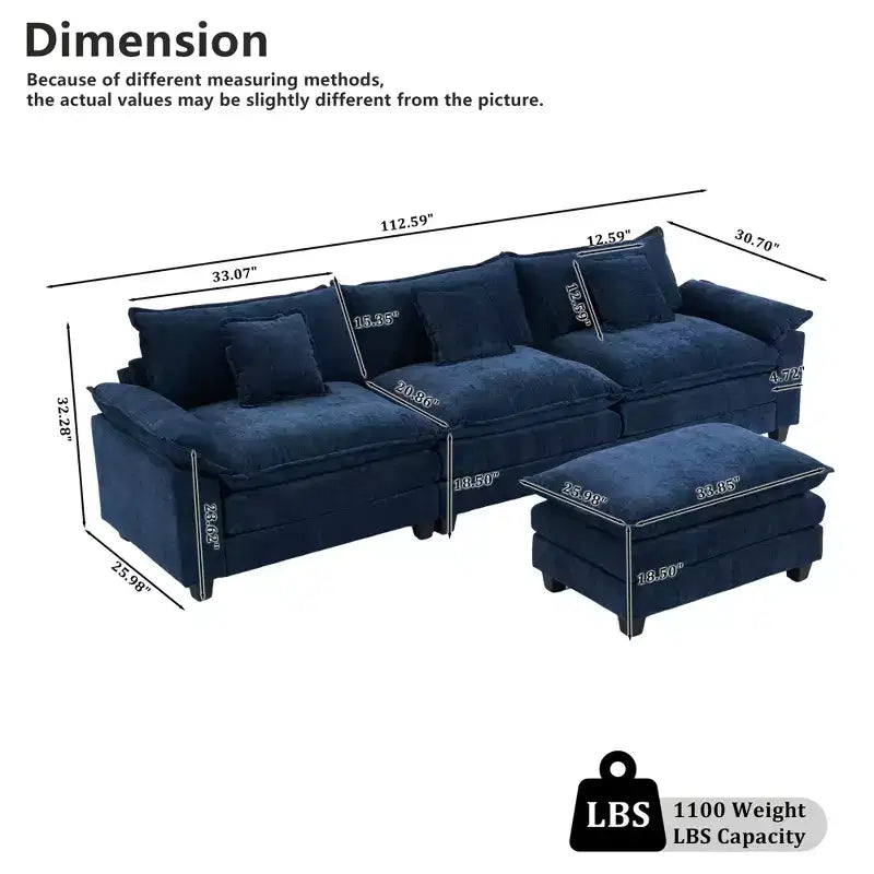 Canapé d'angle modulaire 112 places Comfy Cloud avec pouf mobile, coussins d'assise profonds pour salon
