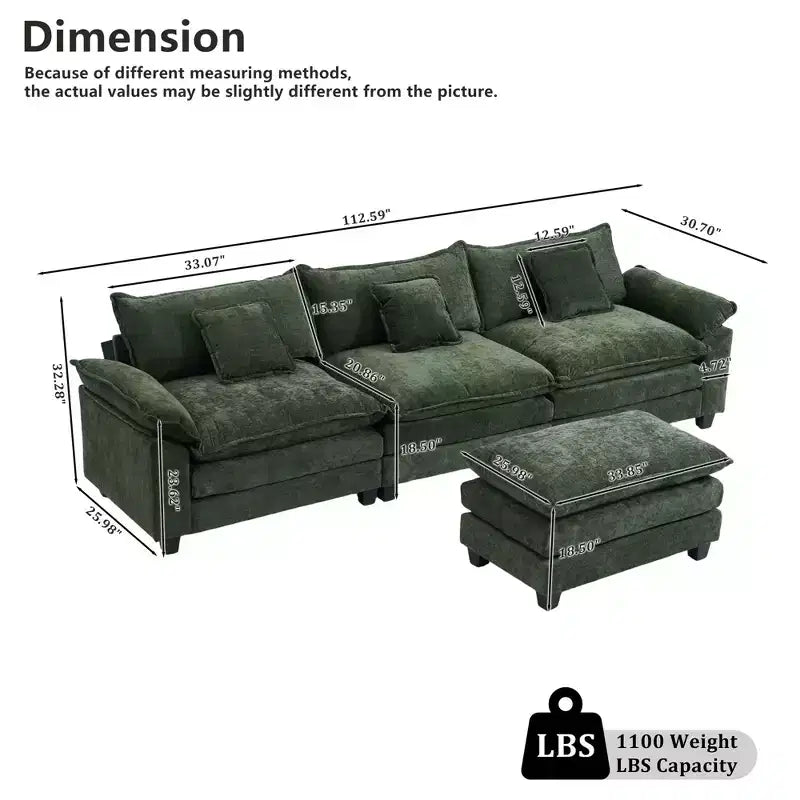 Canapé d'angle modulaire 112 places Comfy Cloud avec pouf mobile, coussins d'assise profonds pour salon