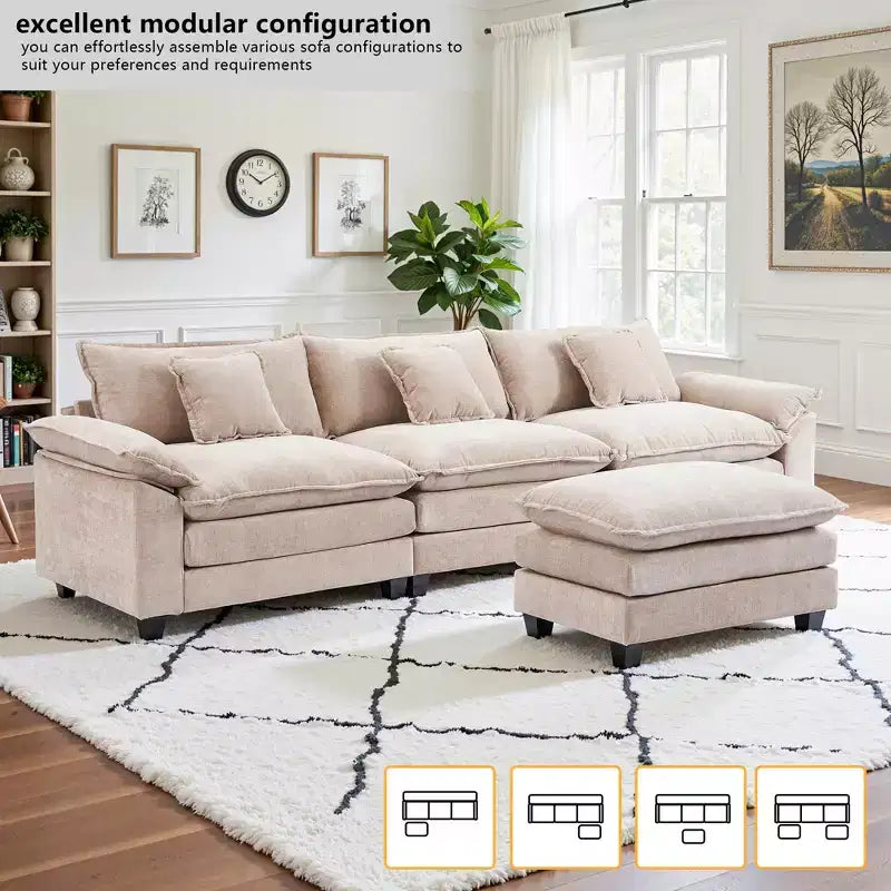 Canapé d'angle modulaire 112 places Comfy Cloud avec pouf mobile, coussins d'assise profonds pour salon