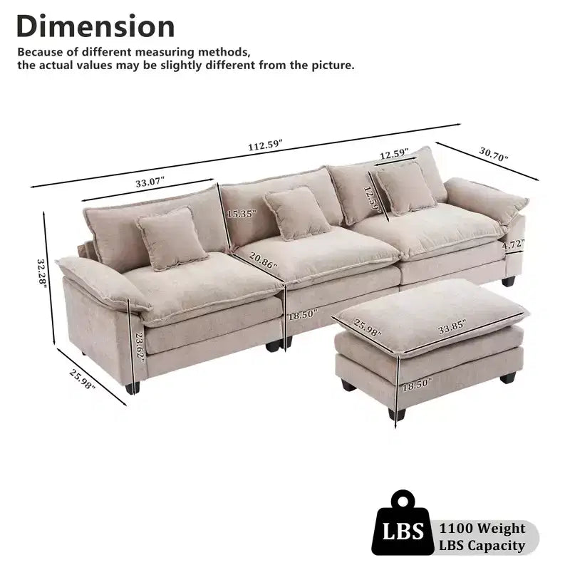 Canapé d'angle modulaire 112 places Comfy Cloud avec pouf mobile, coussins d'assise profonds pour salon