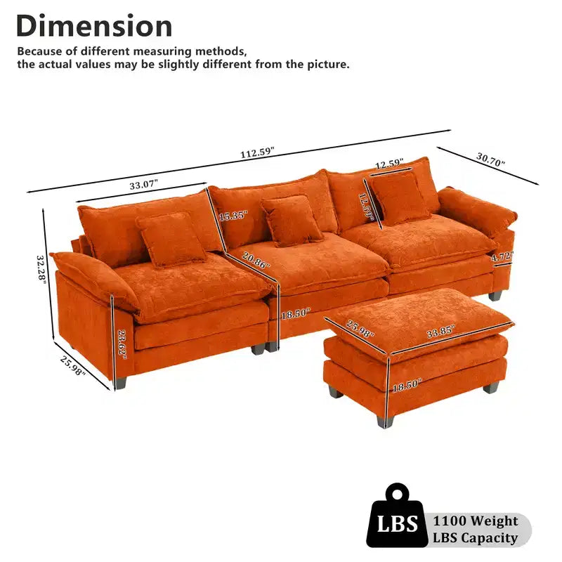 Canapé d'angle modulaire 112 places Comfy Cloud avec pouf mobile, coussins d'assise profonds pour salon