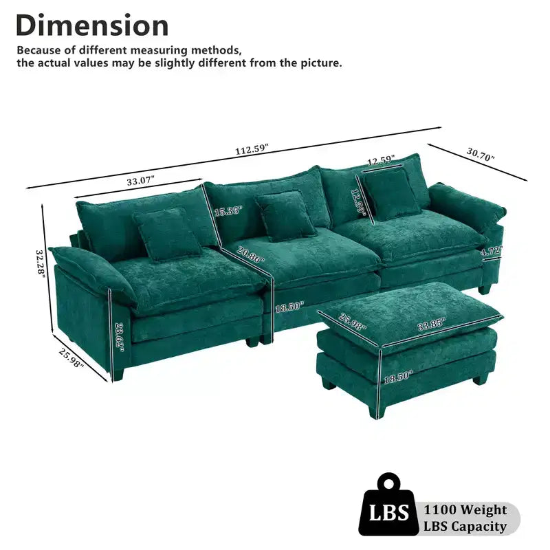 Canapé d'angle modulaire 112 places Comfy Cloud avec pouf mobile, coussins d'assise profonds pour salon