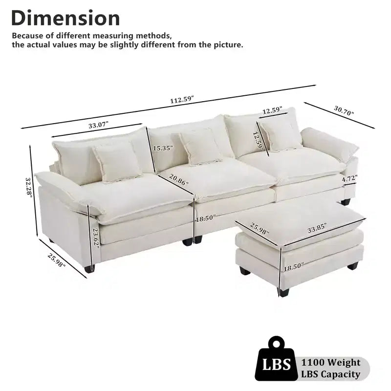 Canapé d'angle modulaire 112 places Comfy Cloud avec pouf mobile, coussins d'assise profonds pour salon