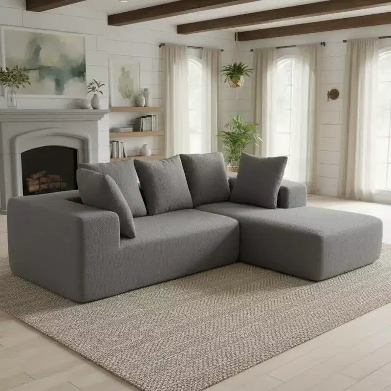 Canapé modulable moderne en L, canapé entièrement compressé en mousse avec coussins moelleux, 5 oreillers
