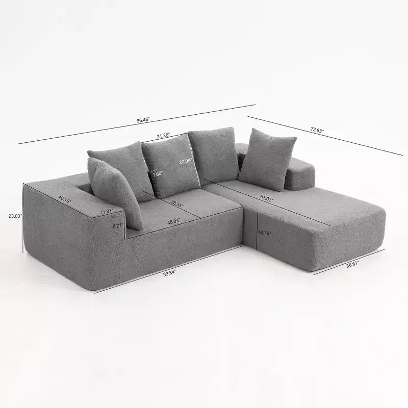 Canapé modulable moderne en L, canapé entièrement compressé en mousse avec coussins moelleux, 5 oreillers