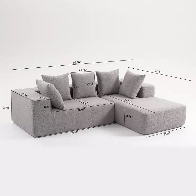 Canapé modulable moderne en L, canapé entièrement compressé en mousse avec coussins moelleux, 5 oreillers