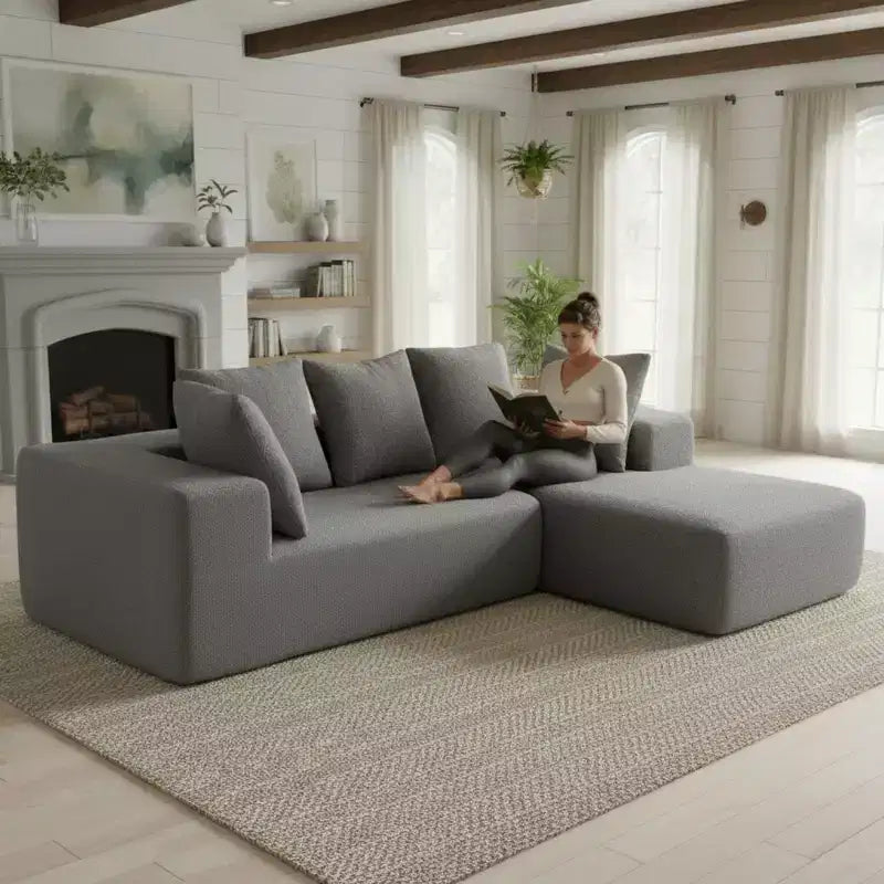 Canapé modulable moderne en L, canapé entièrement compressé en mousse avec coussins moelleux, 5 oreillers