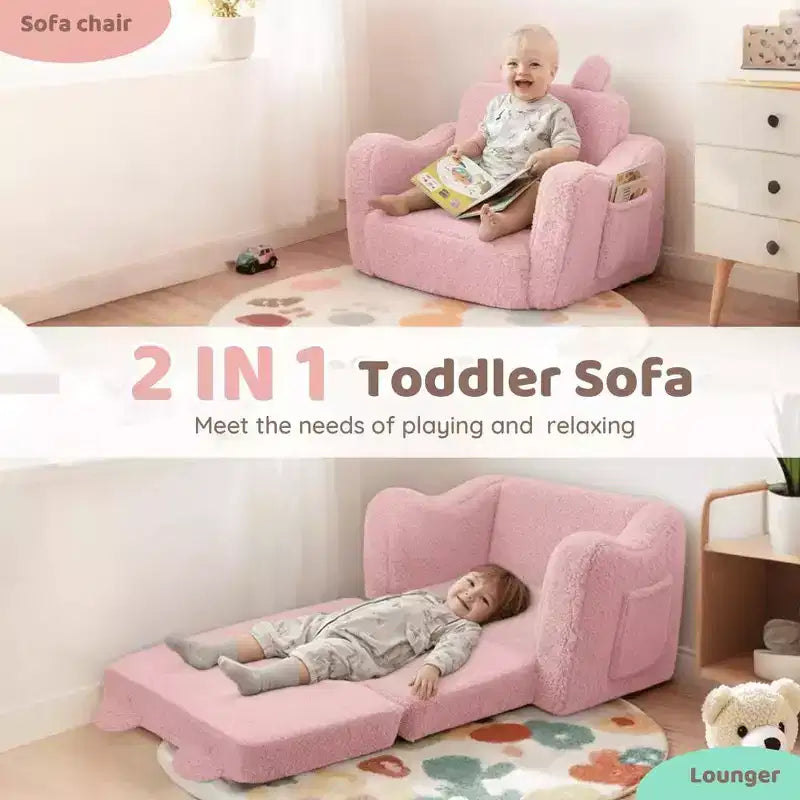 Fauteuil canapé pour enfant en bas âge, canapé convertible 2-en-1 pour bébé, canapé-lit pliant pour salle de jeux, rose