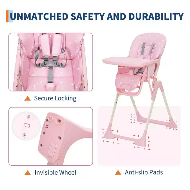 Chaise haute pliable pour bébés et tout-petits, réglable en hauteur/dossier/repose-pieds, avec plateau amovible, pliage rapide