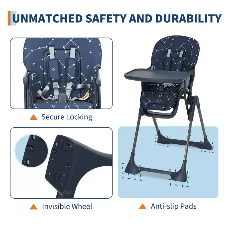 Chaise haute pliable pour bébés et tout-petits, réglable en hauteur/dossier/repose-pieds, avec plateau amovible, pliage rapide