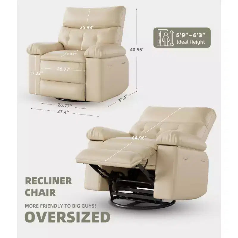 Fauteuil inclinable large surdimensionné - Chaleur et massage, Fauteuil inclinable manuel extra large en cuir PU pour adultes, Grand fauteuil paresseux avec accoudoirs confortables en éponge 1,5X