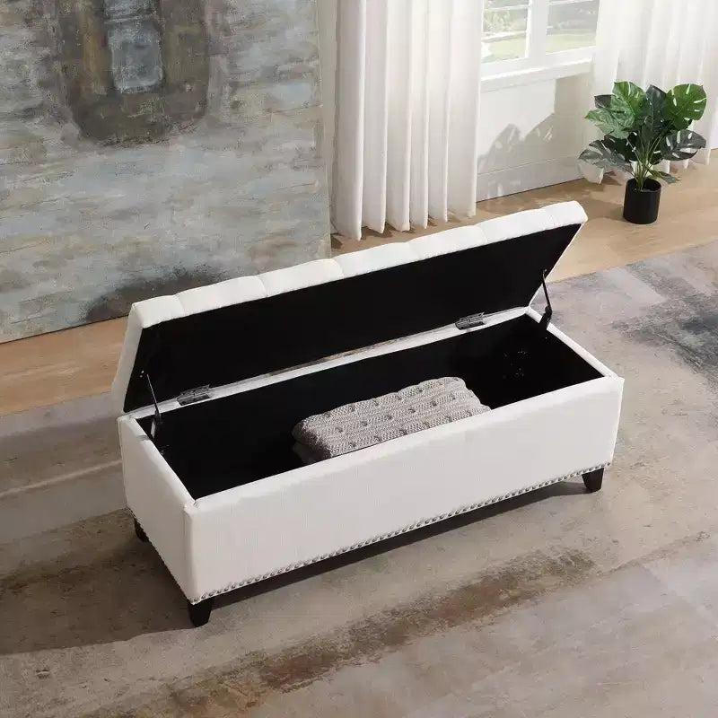 47,5" Banc ottoman de rangement, Banc de bout de lit avec charnière de sécurité, Tissu de lin capitonné, Banc pour le salon, l'entrée, la chambre, le couloir