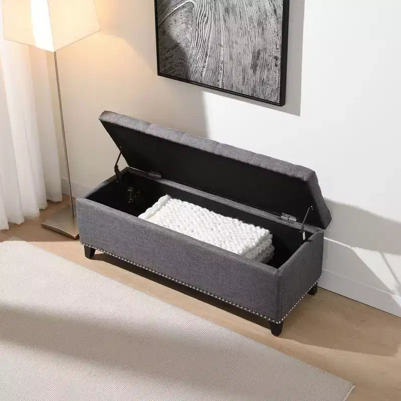47,5" Banc ottoman de rangement, Banc de bout de lit avec charnière de sécurité, Tissu de lin capitonné, Banc pour le salon, l'entrée, la chambre, le couloir
