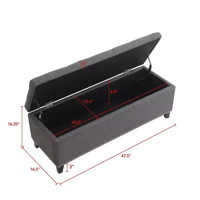 47,5" Banc ottoman de rangement, Banc de bout de lit avec charnière de sécurité, Tissu de lin capitonné, Banc pour le salon, l'entrée, la chambre, le couloir